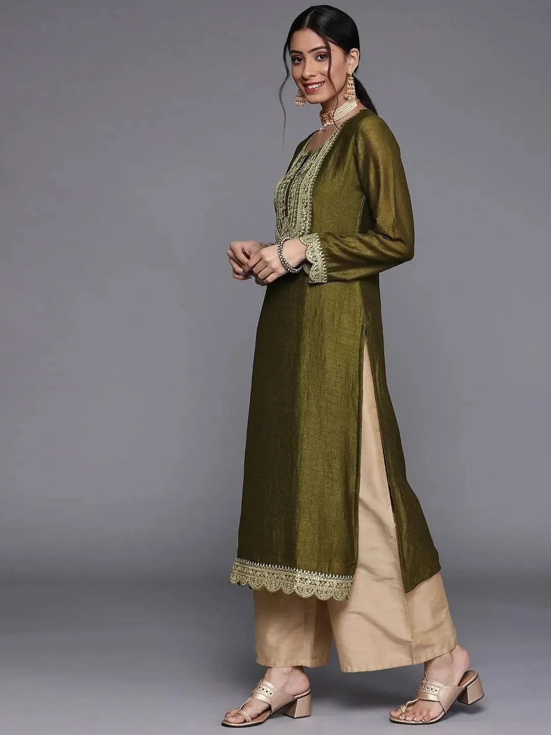 

Buy Olive Yoke Design Silk Kurta - 23490O- | Libas Ethnic Wear Online