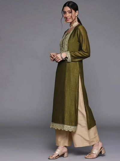 Olive Yoke Design Silk Kurta - Libas