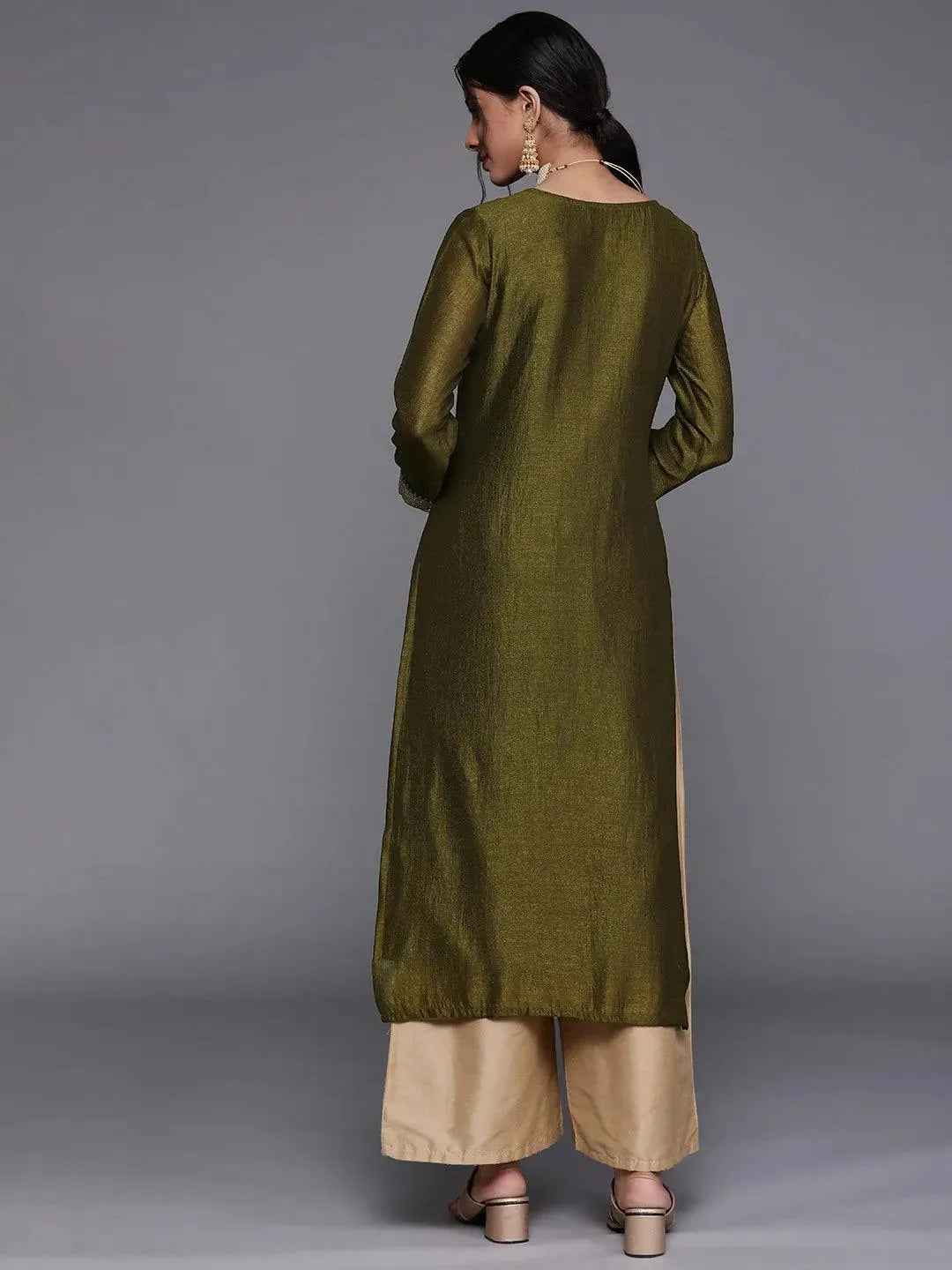 Olive Yoke Design Silk Kurta - Libas 