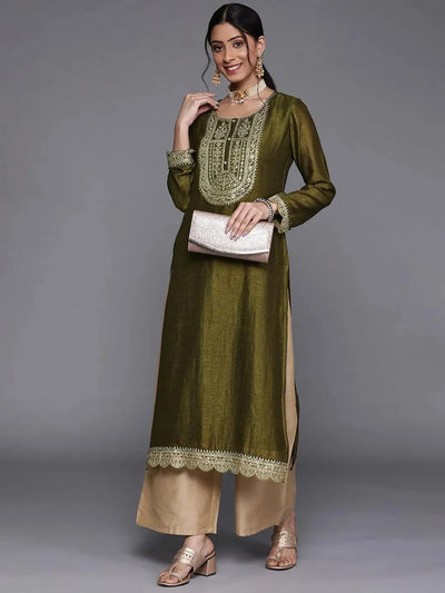 Olive Yoke Design Silk Kurta - Libas