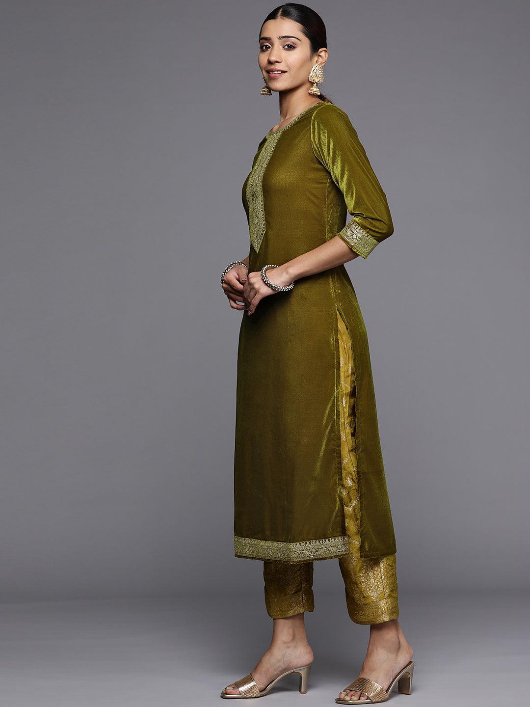 Olive Yoke Design Velvet Straight Suit Set - Libas