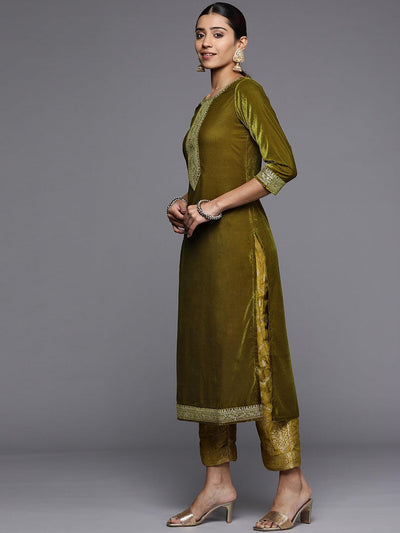 Olive Yoke Design Velvet Straight Suit Set - Libas