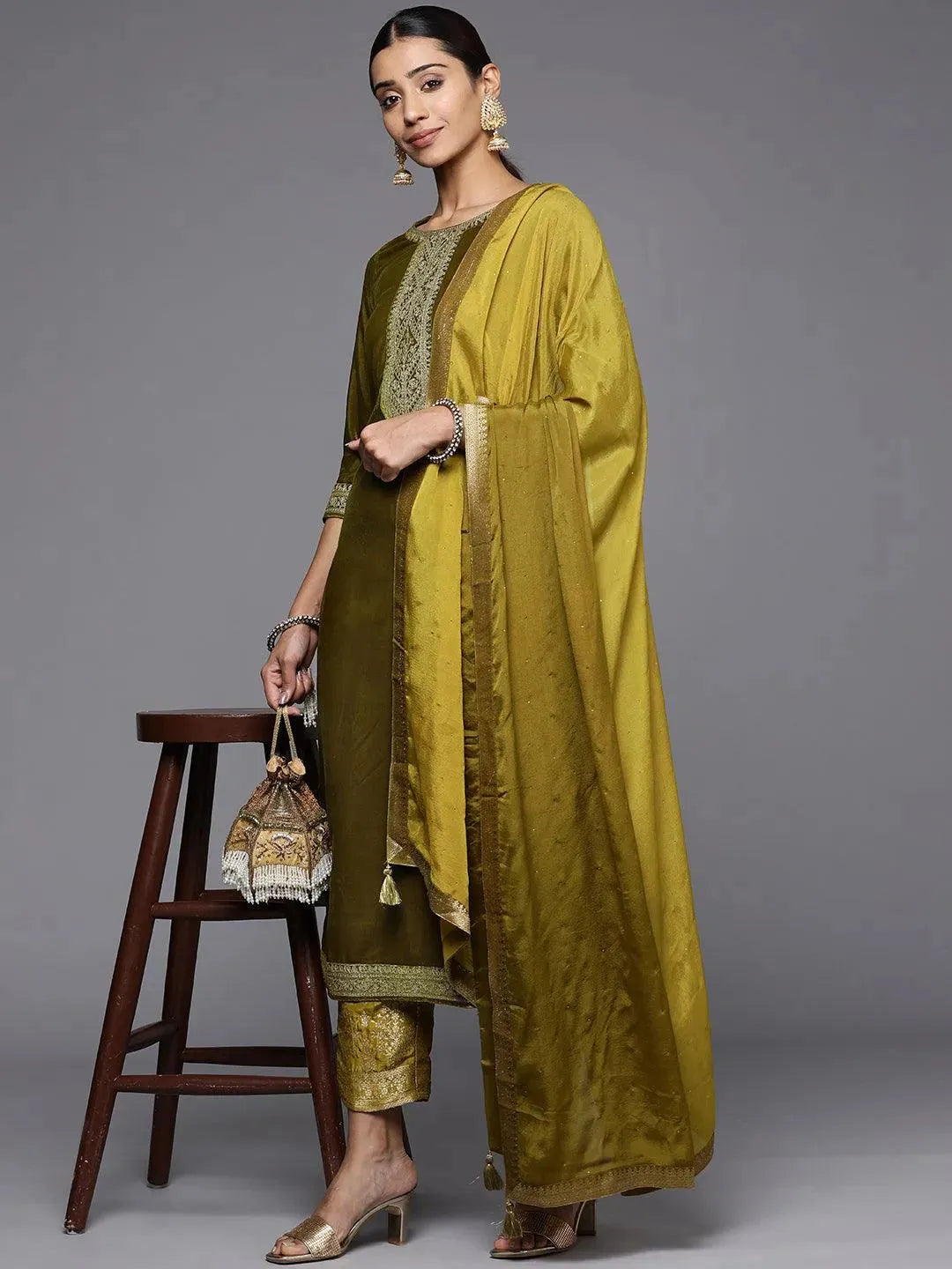 Olive Yoke Design Velvet Straight Suit Set - Libas