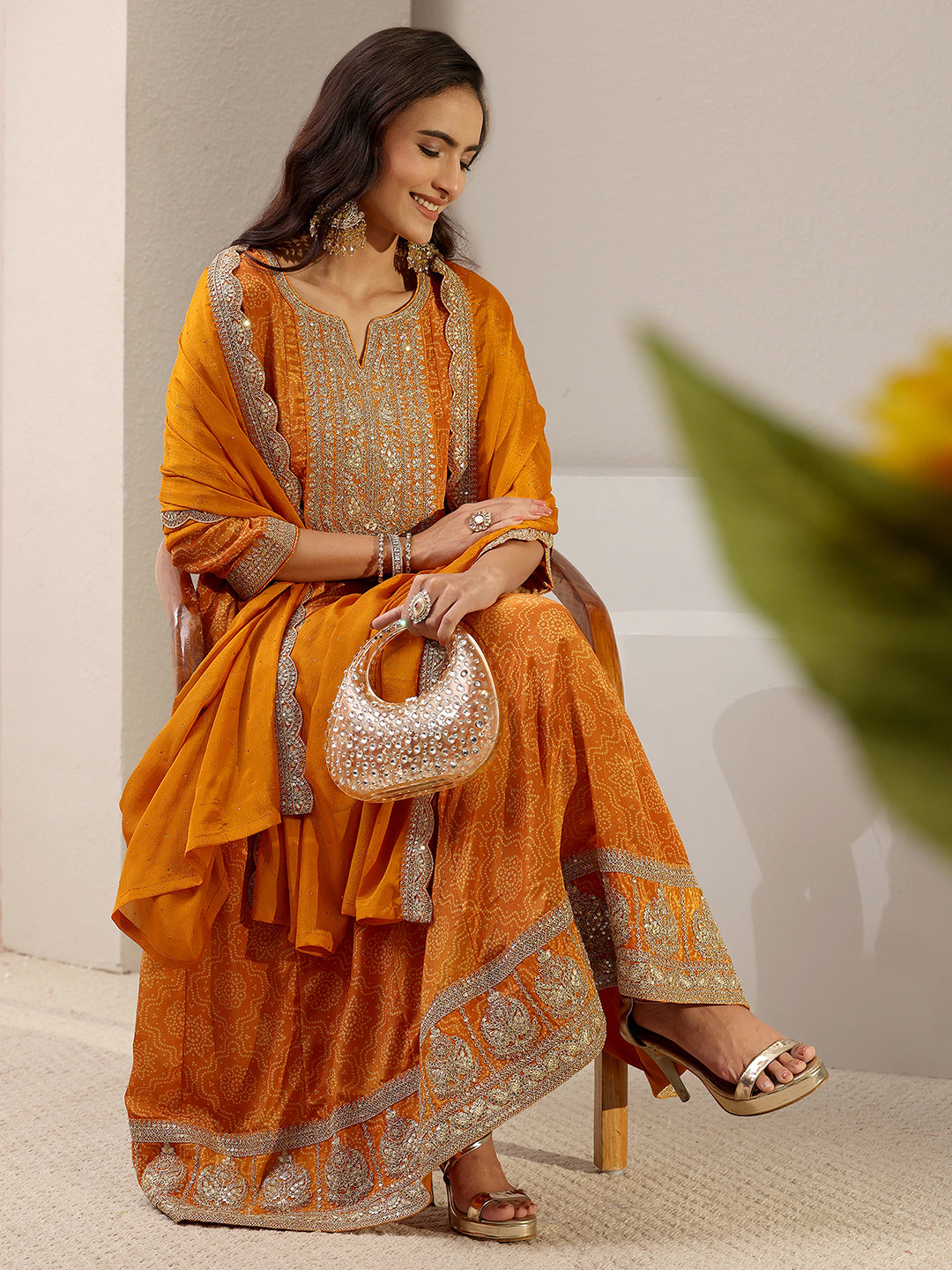 libas Orange Bandhani Printed Chinon Anarkali Suit Set With Dupatta-picture-60