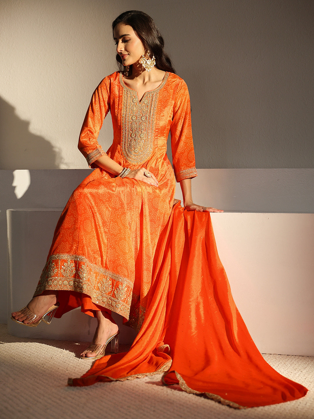 Orange Bandhani Printed Chinon Anarkali Suit Set With Dupatta-image-15