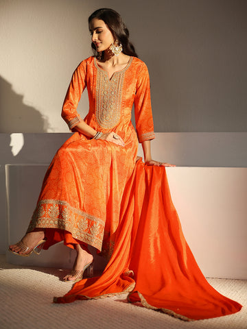 Orange Bandhani Printed Chinon Anarkali Suit Set With Dupatta