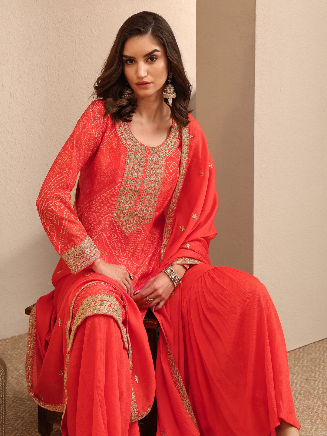 Orange Bandhani Printed Chinon Straight Sharara Suit Set With Dupatta