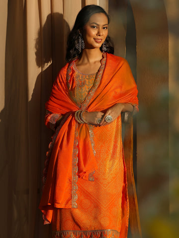 Orange Bandhani Printed Chinon Straight Suit Set With Dupatta