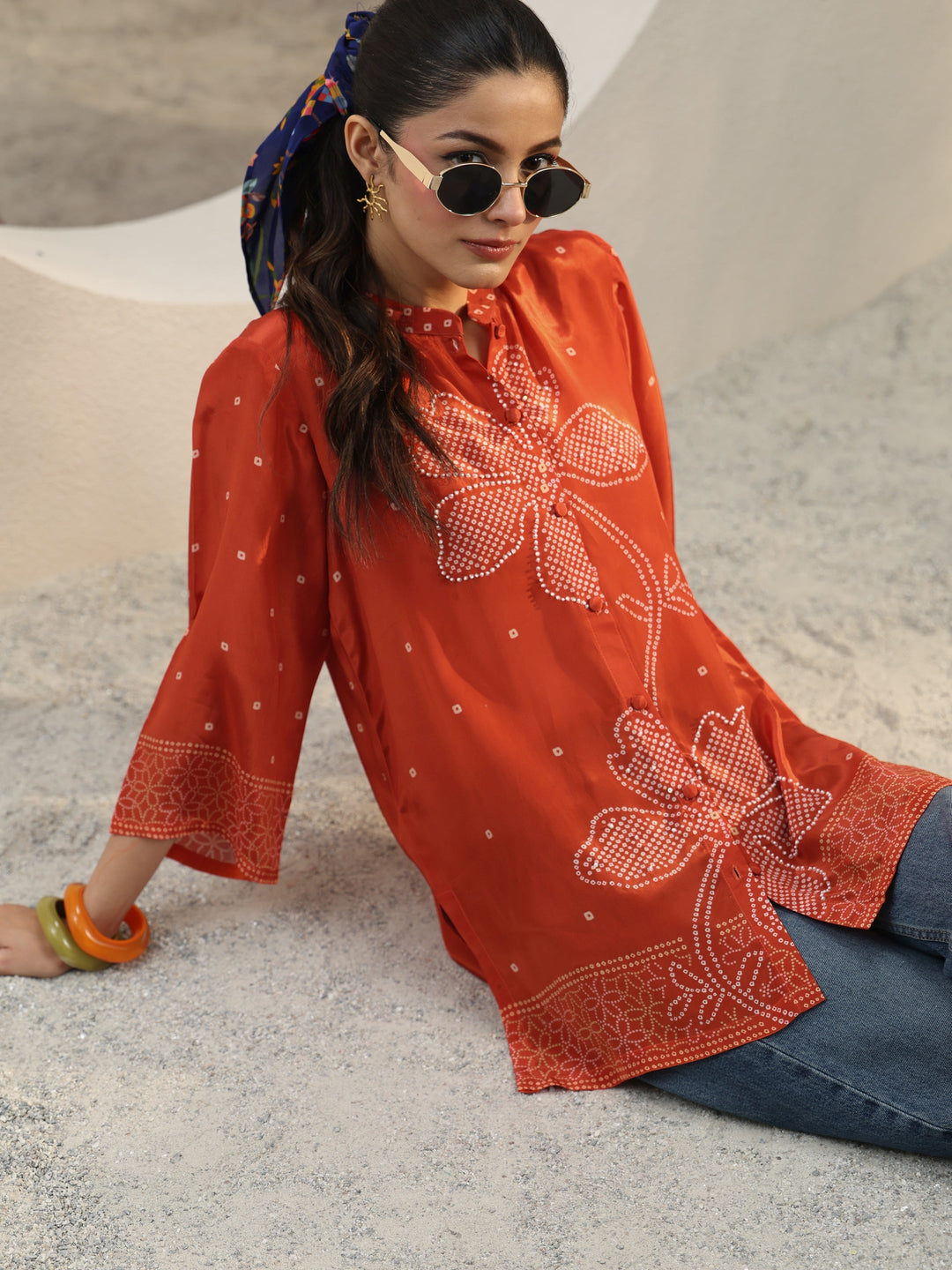  Orange Bandhani Printed Crepe Shirt 