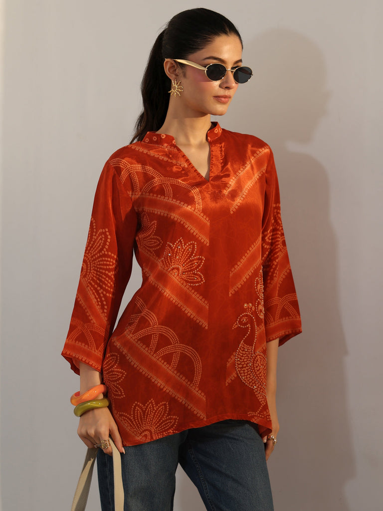 Libas Orange Bandhani Printed Crepe Straight Short Kurti