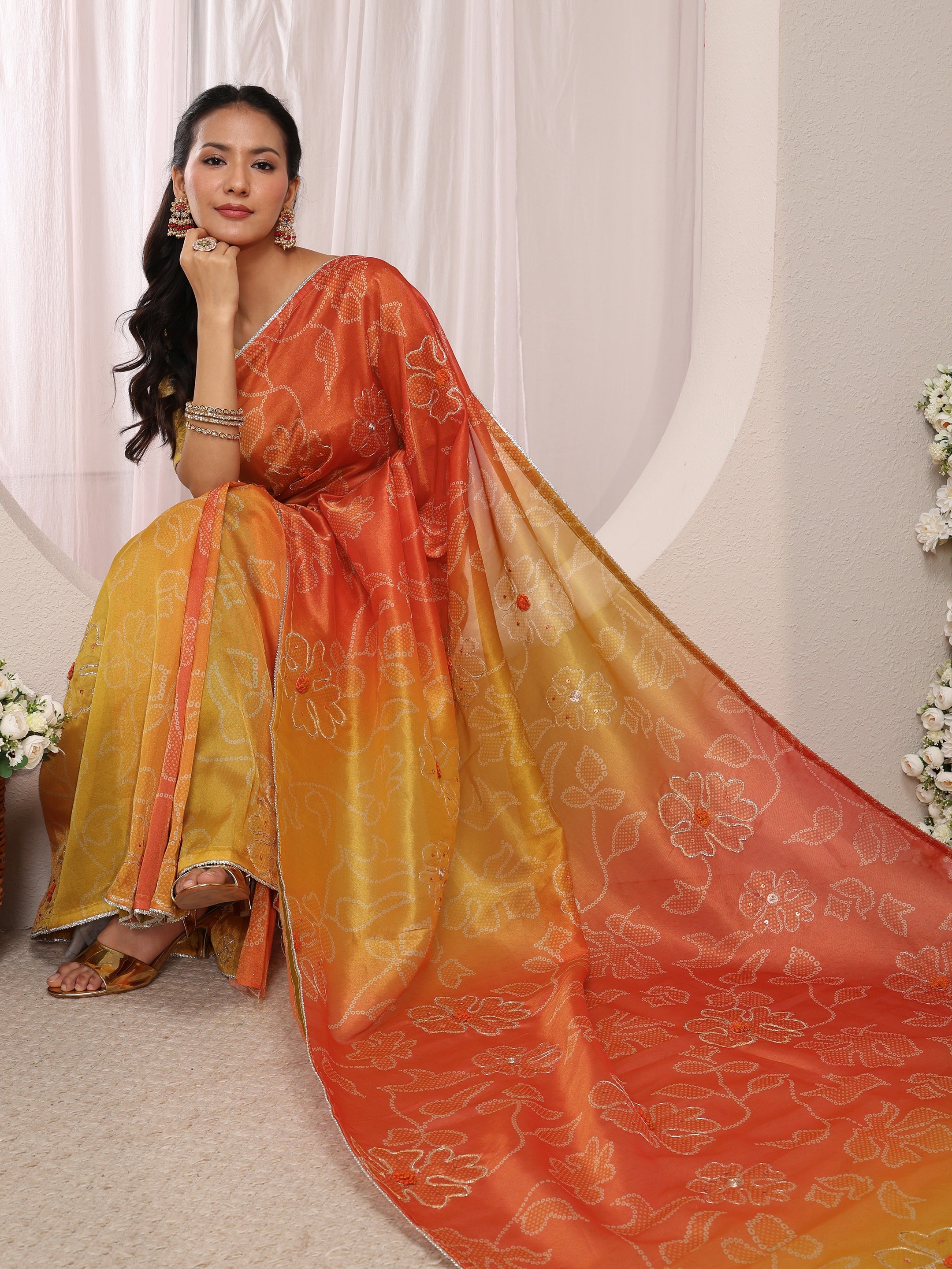 libas Orange Bandhani Printed Ombre Tissue Saree With Unstitched Blouse Piece-picture-58
