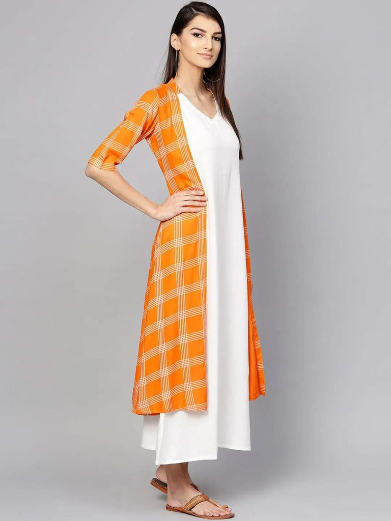 Libas Orange Checkered Rayon Dress With Jacket