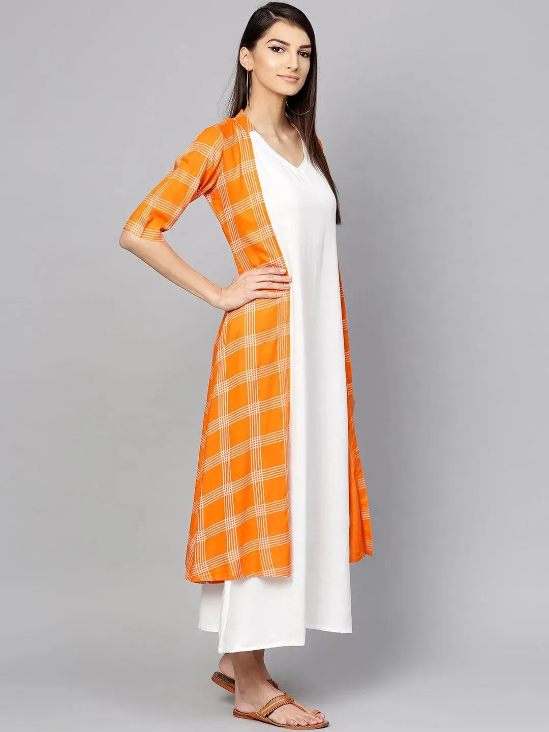 Orange Checkered Rayon Dress With Jacket - Libas