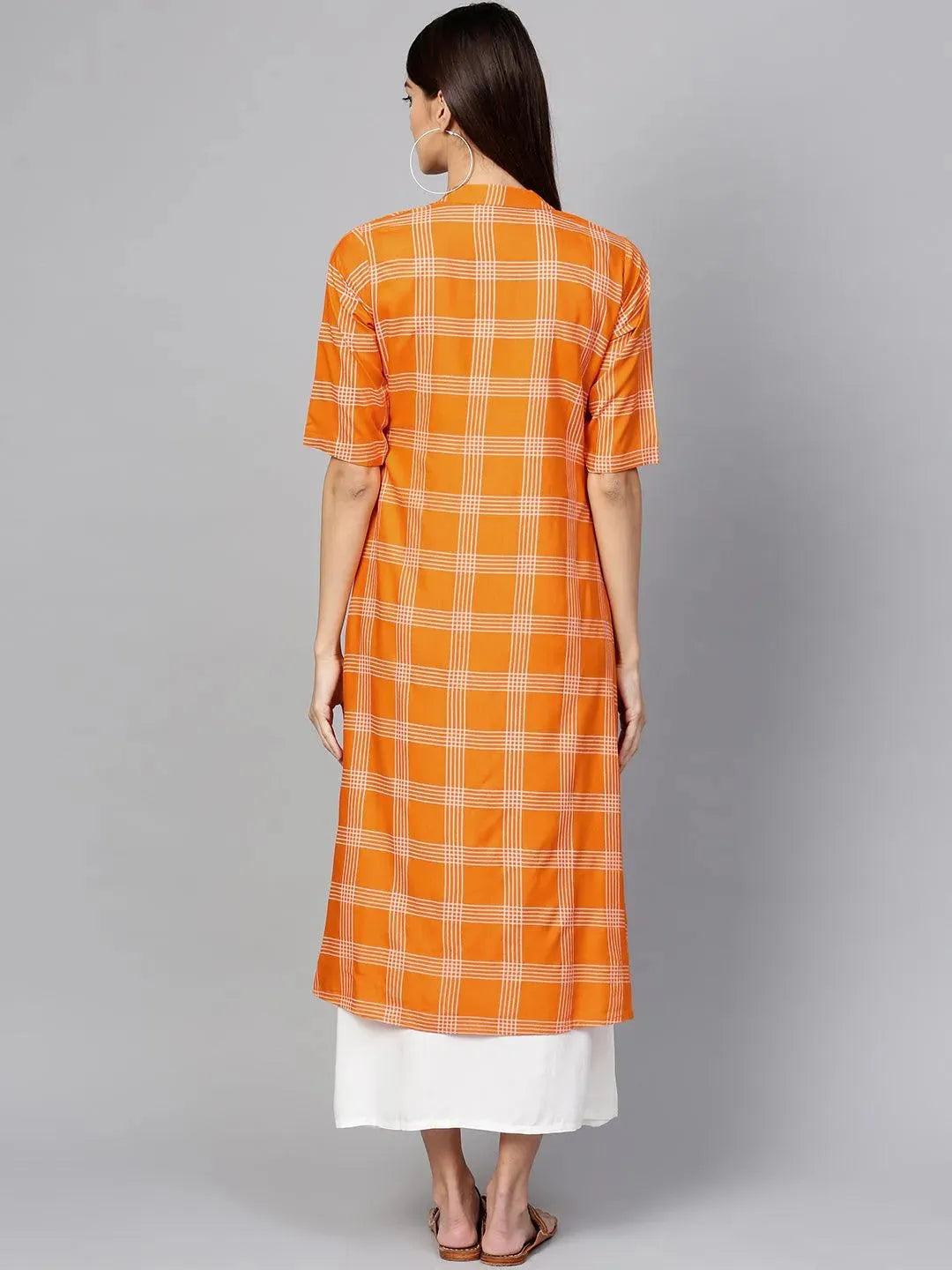 Orange Checkered Rayon Dress With Jacket - Libas