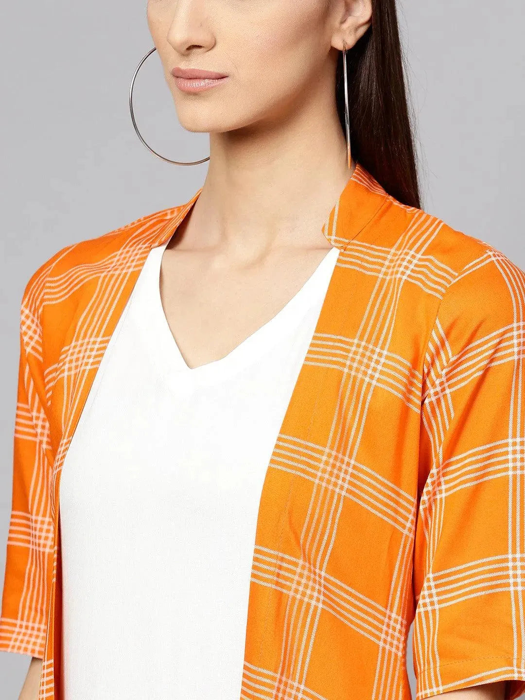 Orange Checkered Rayon Dress With Jacket - Libas