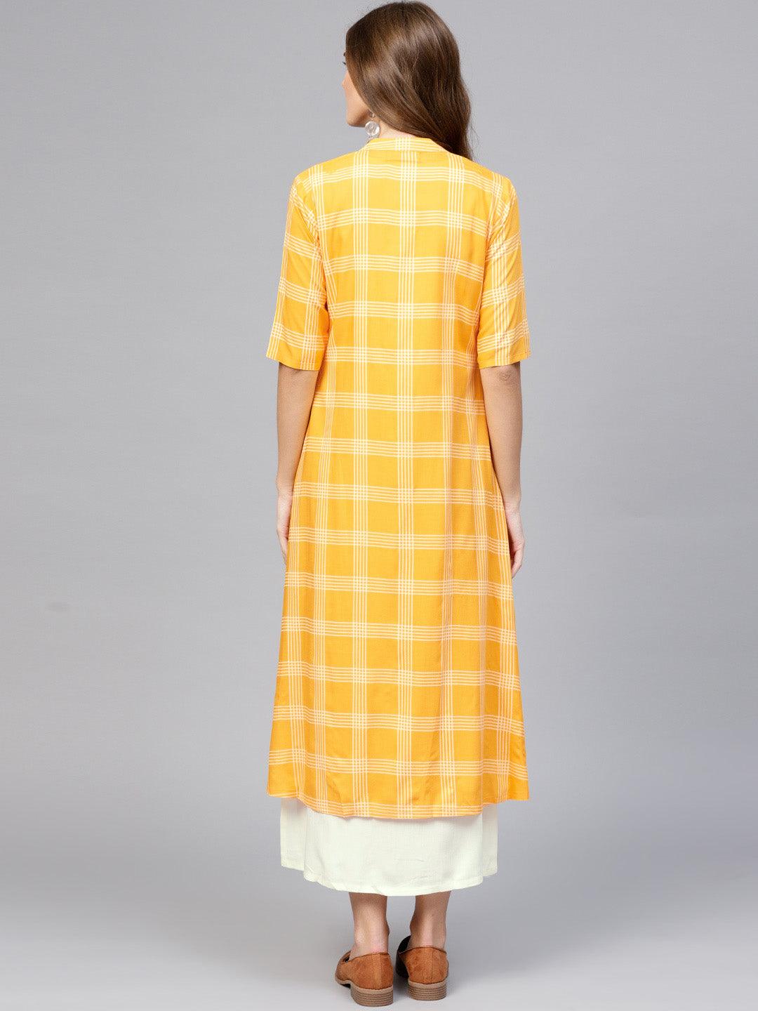 Orange Checkered Rayon Dress With Jacket - Libas