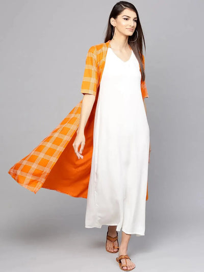 Orange Checkered Rayon Dress With Jacket - Libas