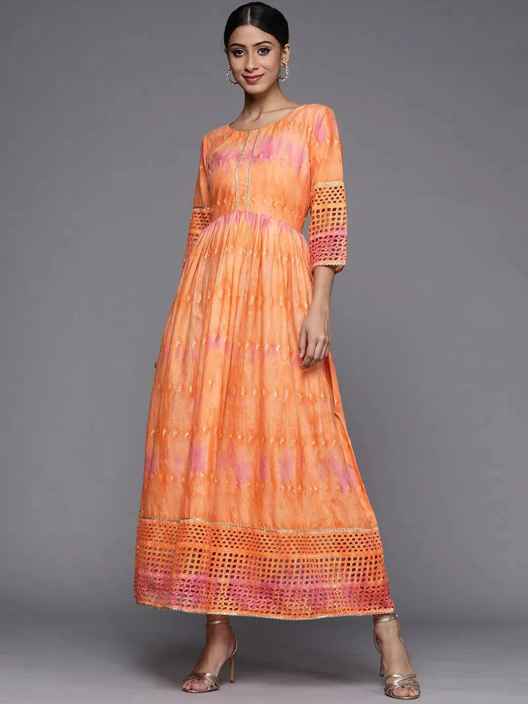 Orange Dyed Cotton Maxi Dress - Libas