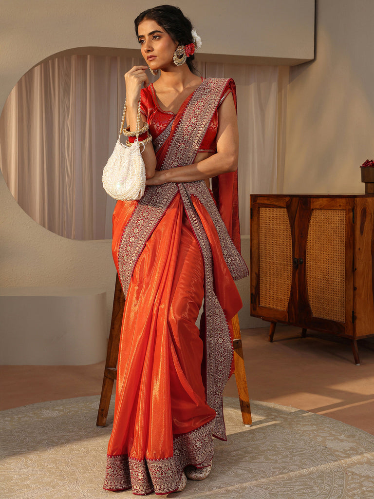 Libas Orange Embellished Border Glossy Satin Saree
