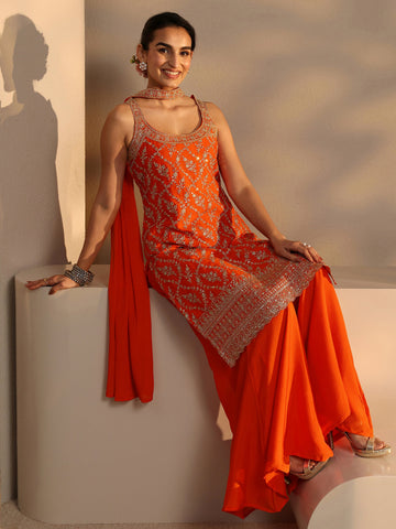 Orange Embellished Chinon Palazzo Suit Set With Dupatta