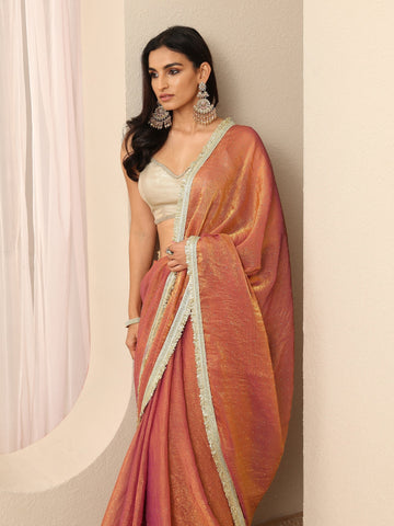 Orange Embellished Silk Blend Saree With Unstitched Blouse Piece