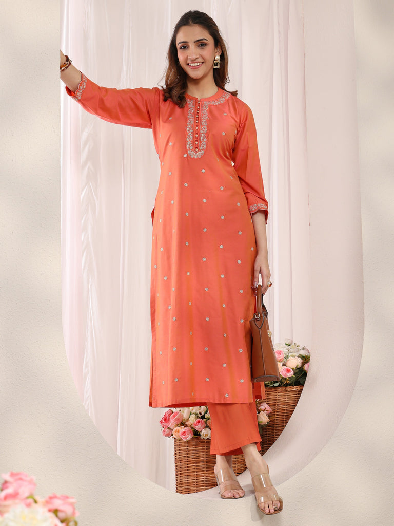 Libas Orange Embellished Silk Blend Straight Kurta