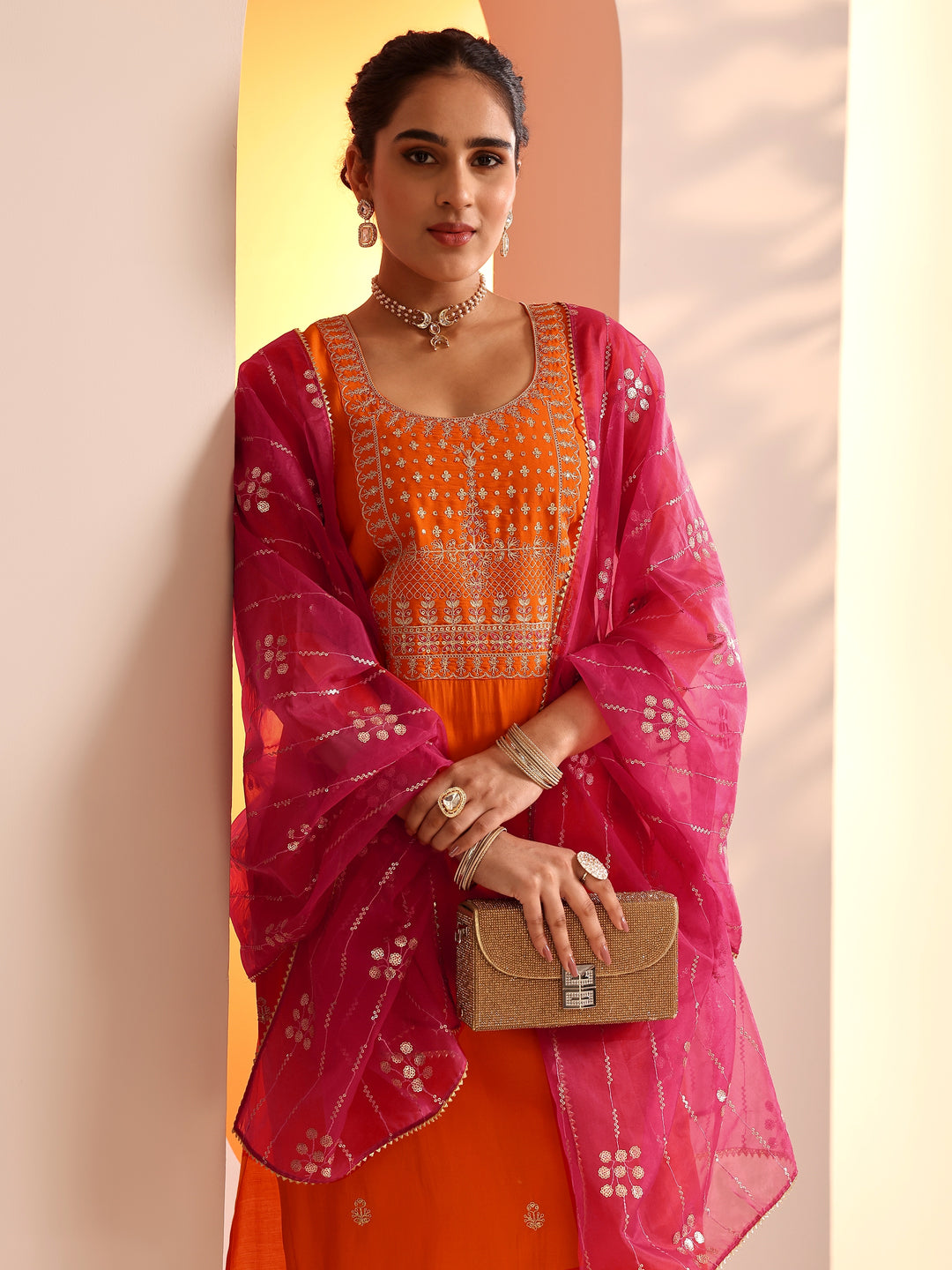  Orange Embellished Silk Blend Straight Suit Set With Dupatta 