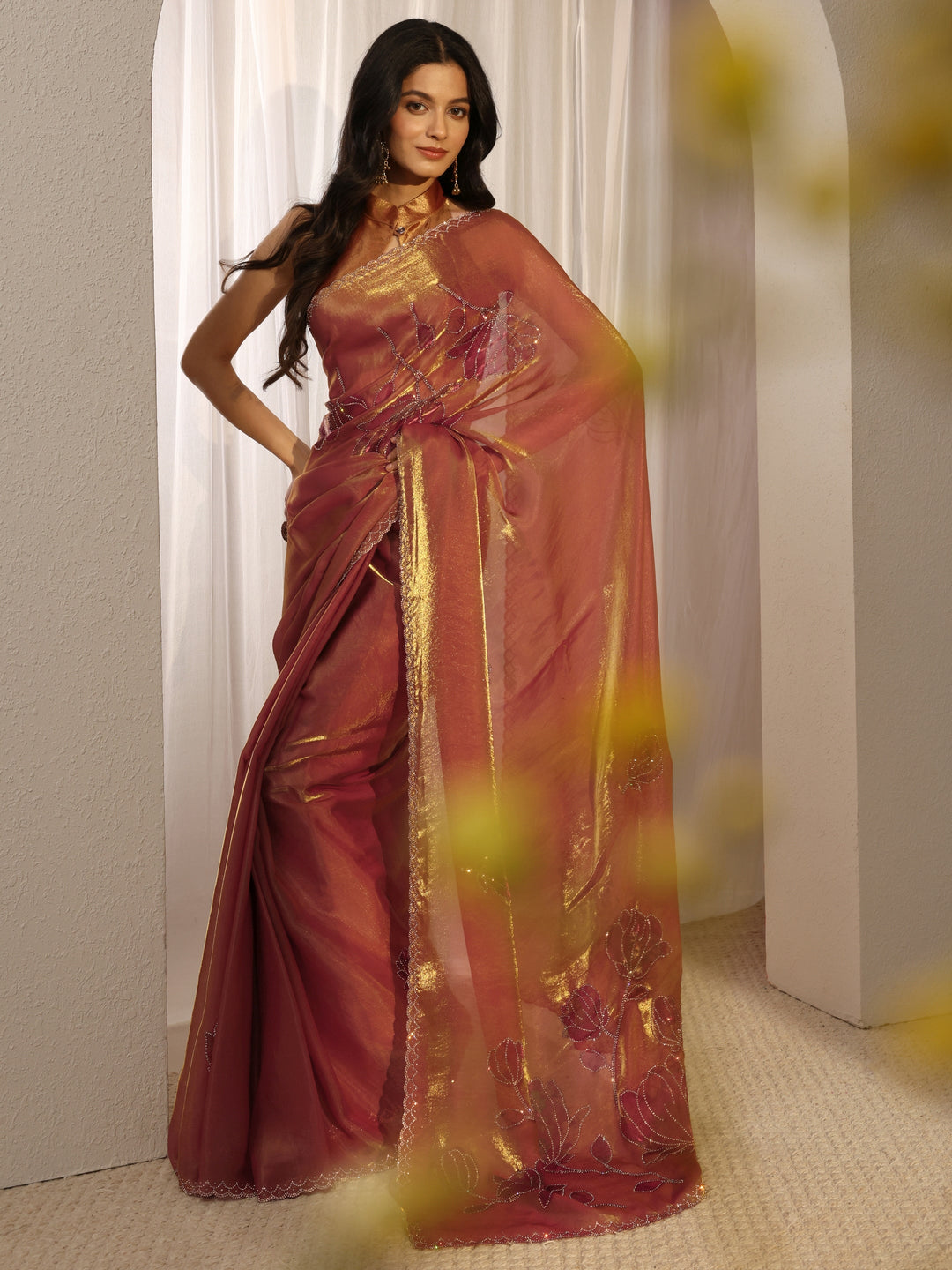 Orange Embellished Tissue Saree With Unstiched Blouse Piece