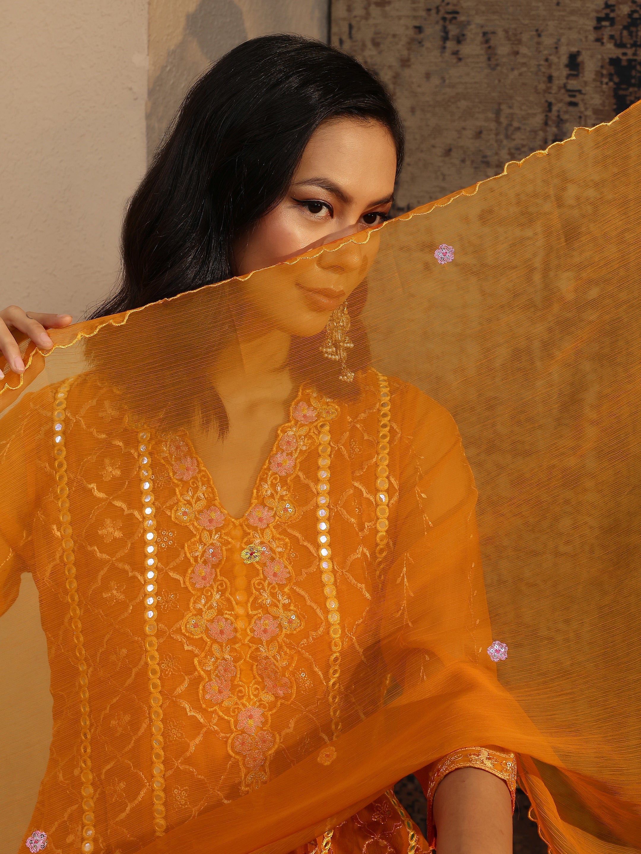 libas Orange Embroidered Chiffon Straight Suit Set With Dupatta-picture-29