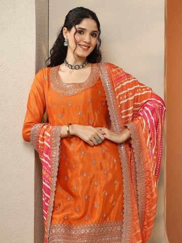 Orange Embroidered Chinon Straight Suit Set With Dupatta