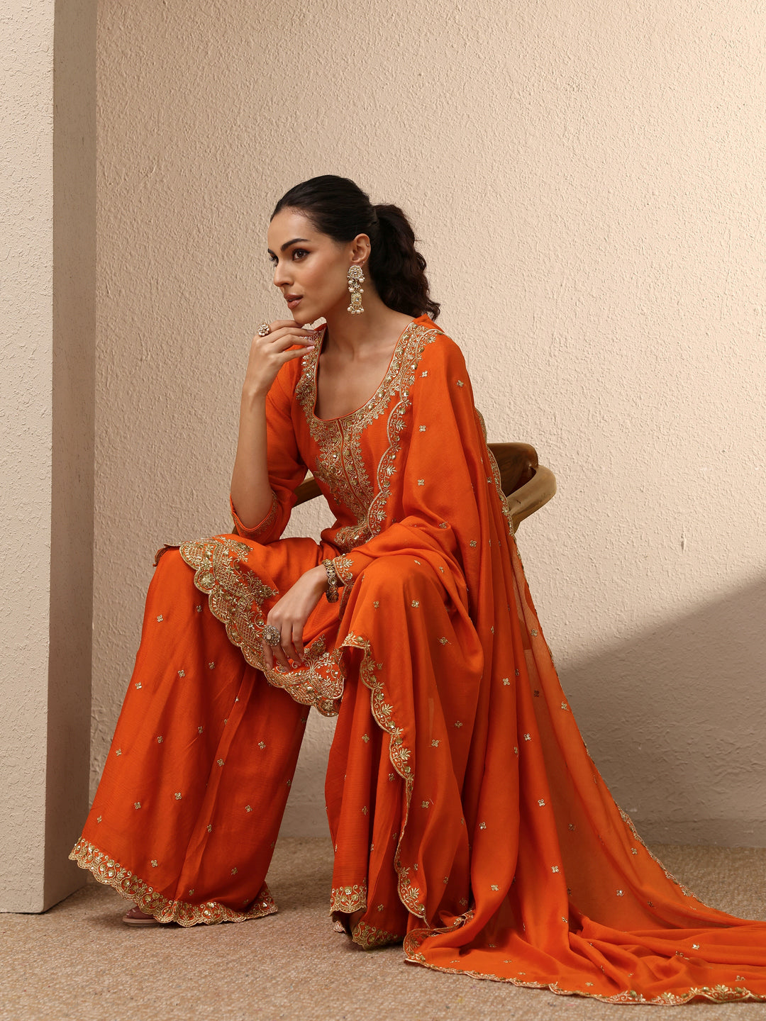 Orange Embroidered Chinon Straight Suit Set With Dupatta
