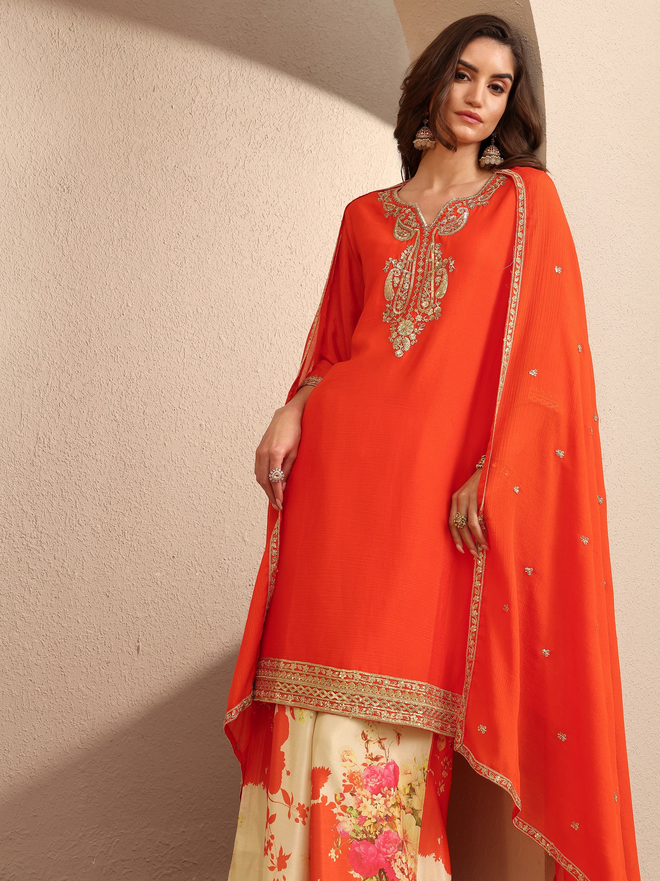 libas Orange Embroidered Chinon Straight Suit Set With Dupatta-picture-34