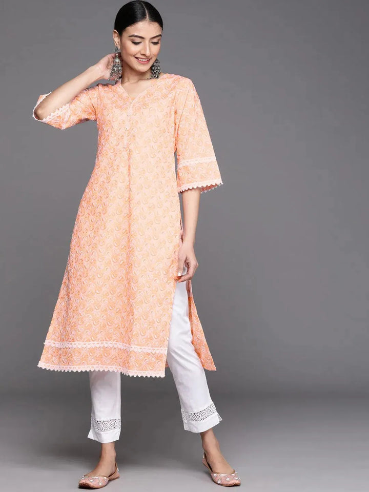 Orange Embroidered Cotton Kurta - Libas