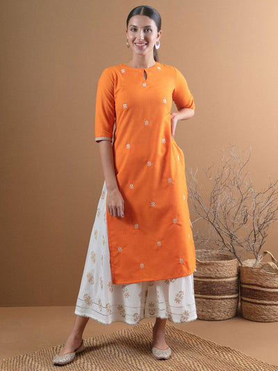 Orange Embroidered Cotton Kurta - Libas