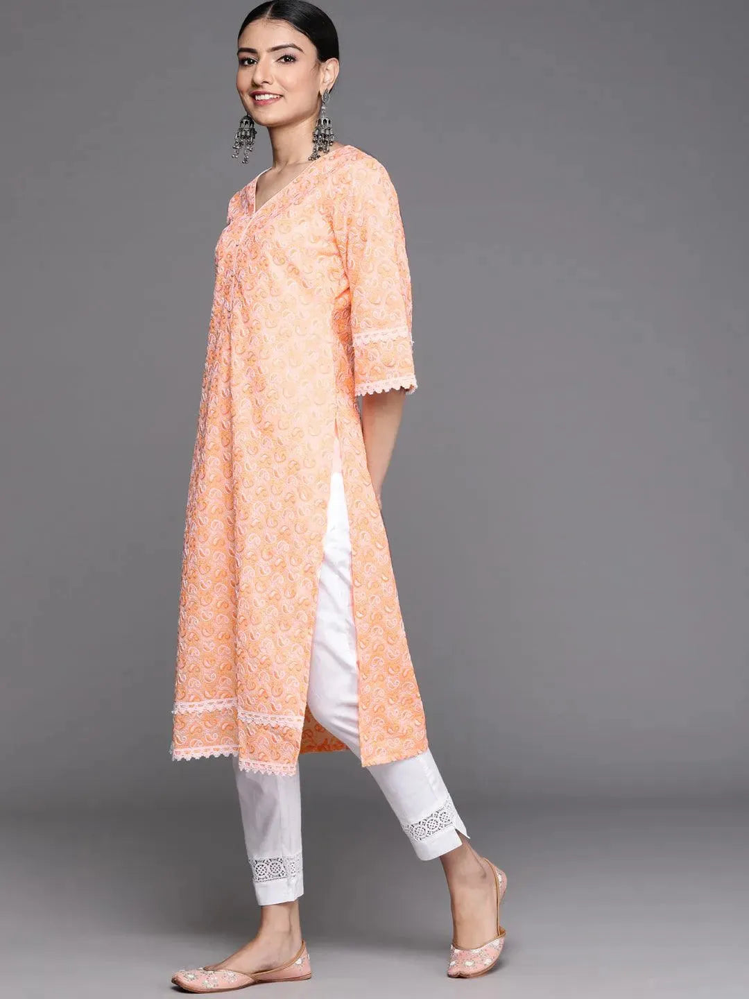 Orange Embroidered Cotton Kurta - Libas