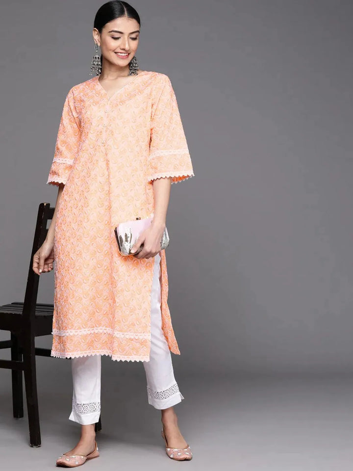 Orange Embroidered Cotton Kurta - Libas