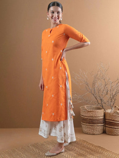 Orange Embroidered Cotton Kurta - Libas