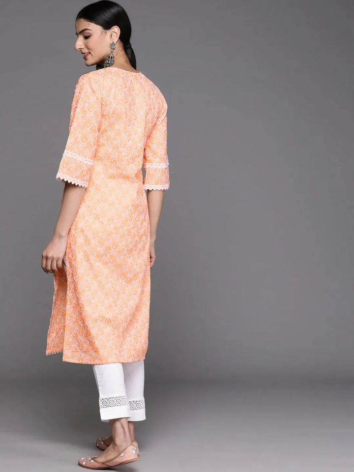 Orange Embroidered Cotton Kurta - Libas