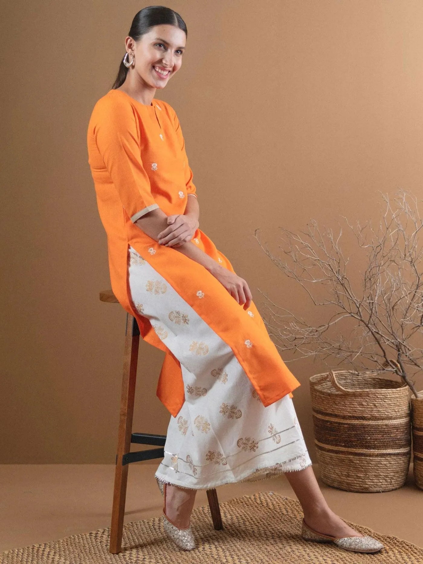 Orange Embroidered Cotton Kurta - Libas