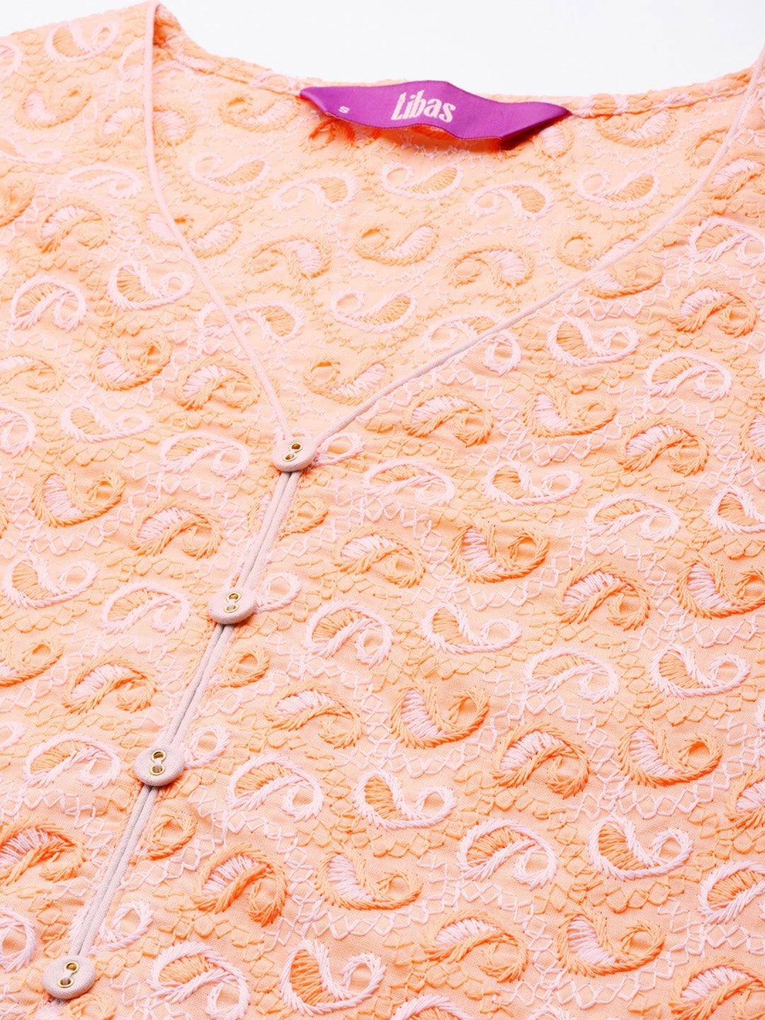 Orange Embroidered Cotton Kurta