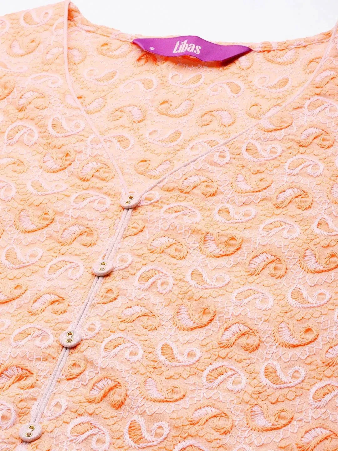 Orange Embroidered Cotton Kurta - Libas 