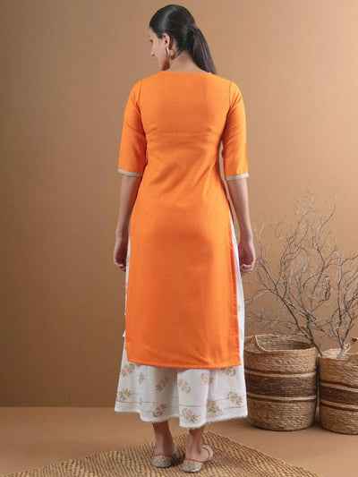 Orange Embroidered Cotton Kurta - Libas