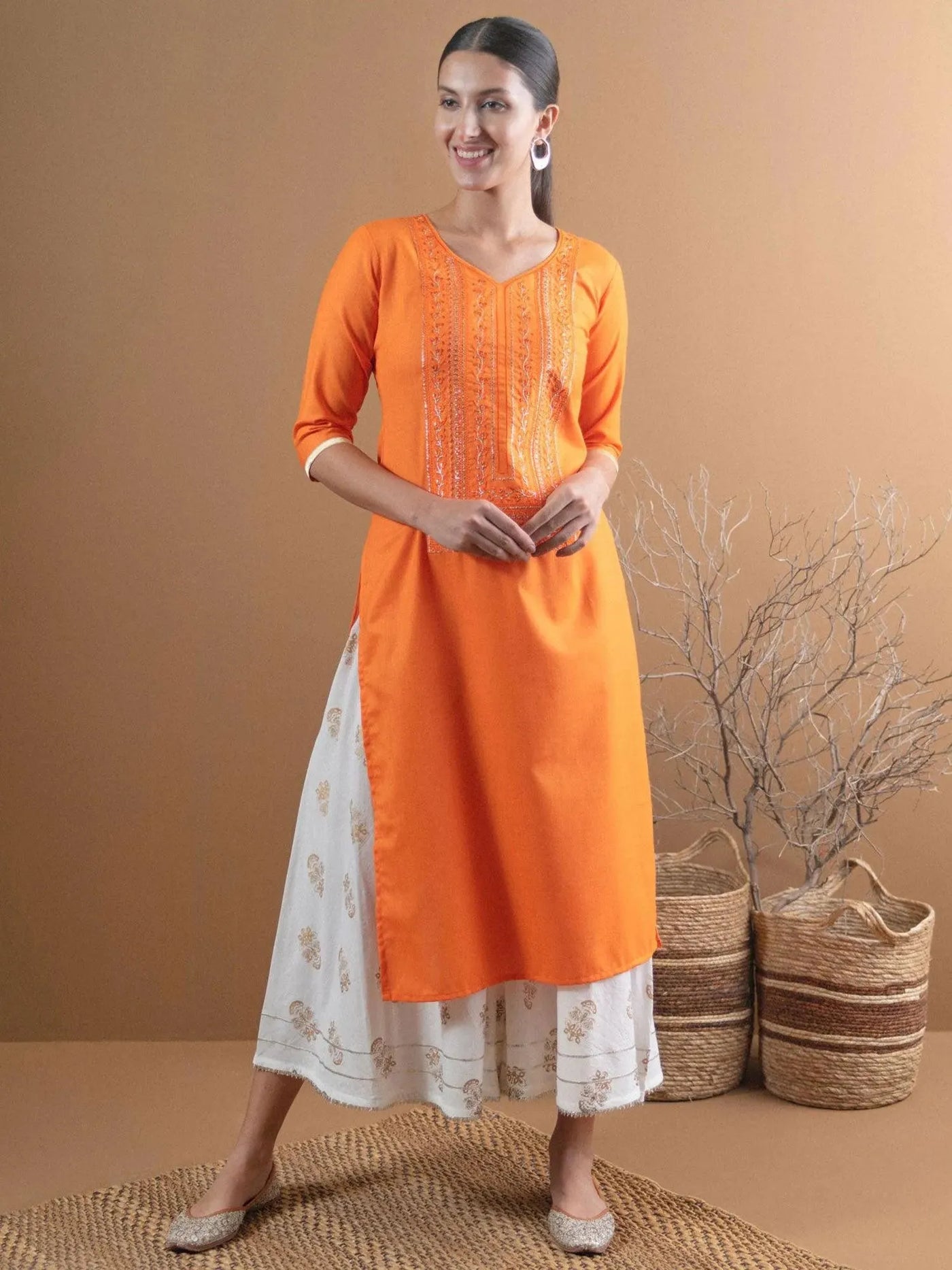 Orange Embroidered Cotton Kurta With Mask - Libas