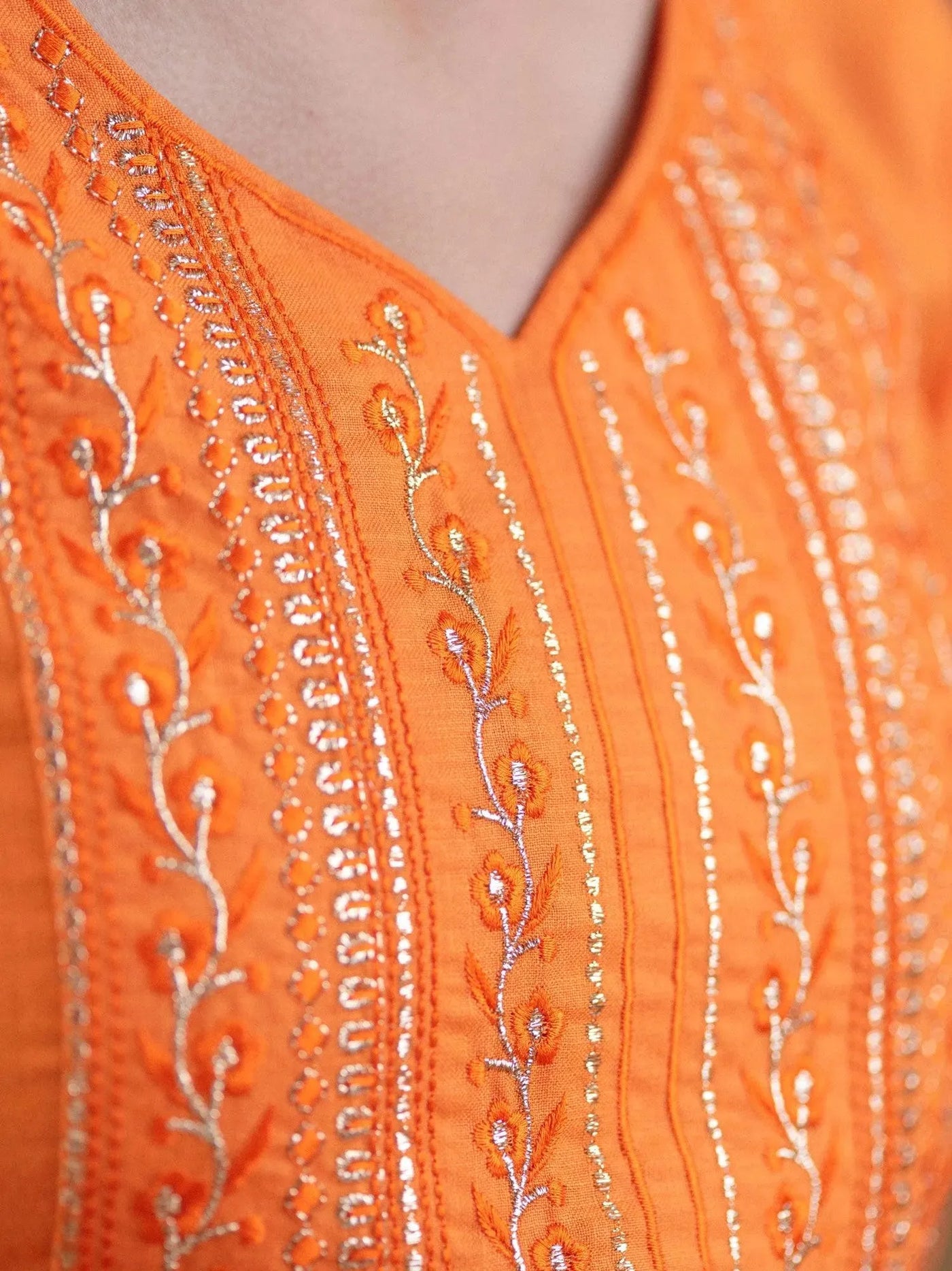 Orange Embroidered Cotton Kurta With Mask - Libas