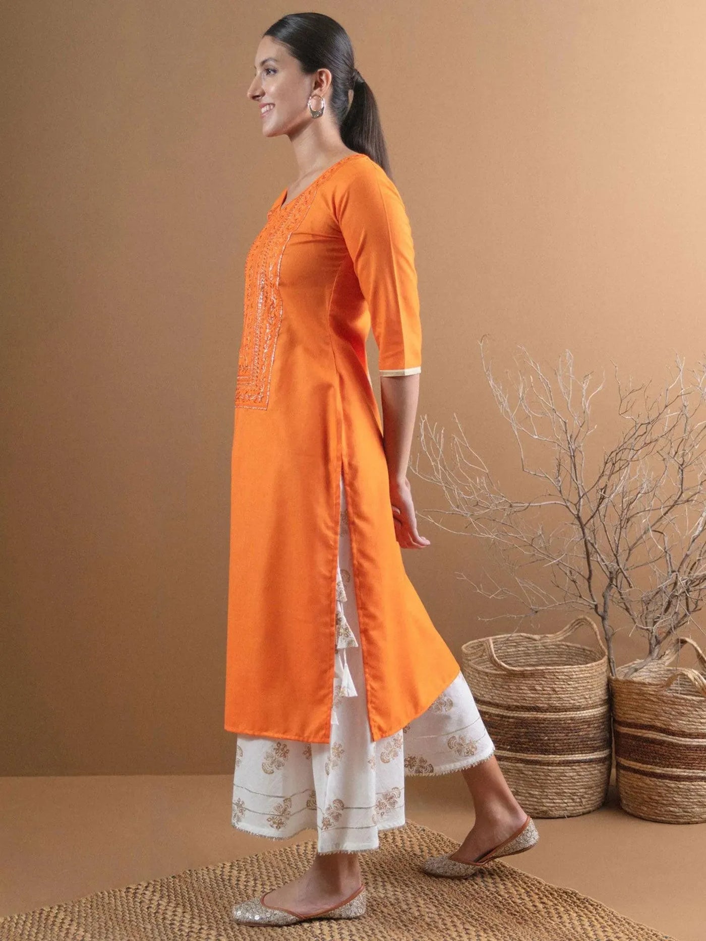 Orange Embroidered Cotton Kurta With Mask - Libas