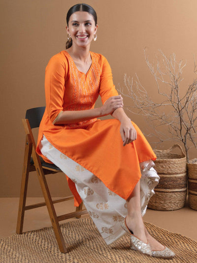 Orange Embroidered Cotton Kurta With Mask - Libas