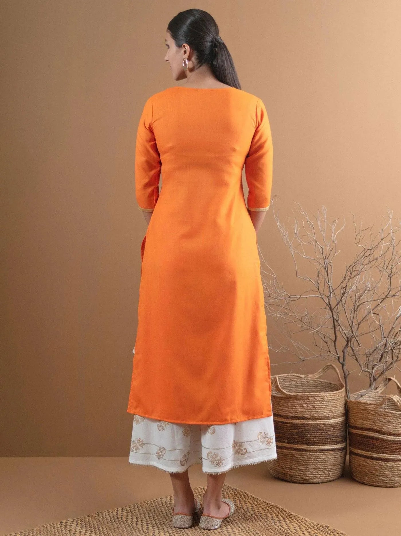 Orange Embroidered Cotton Kurta With Mask - Libas