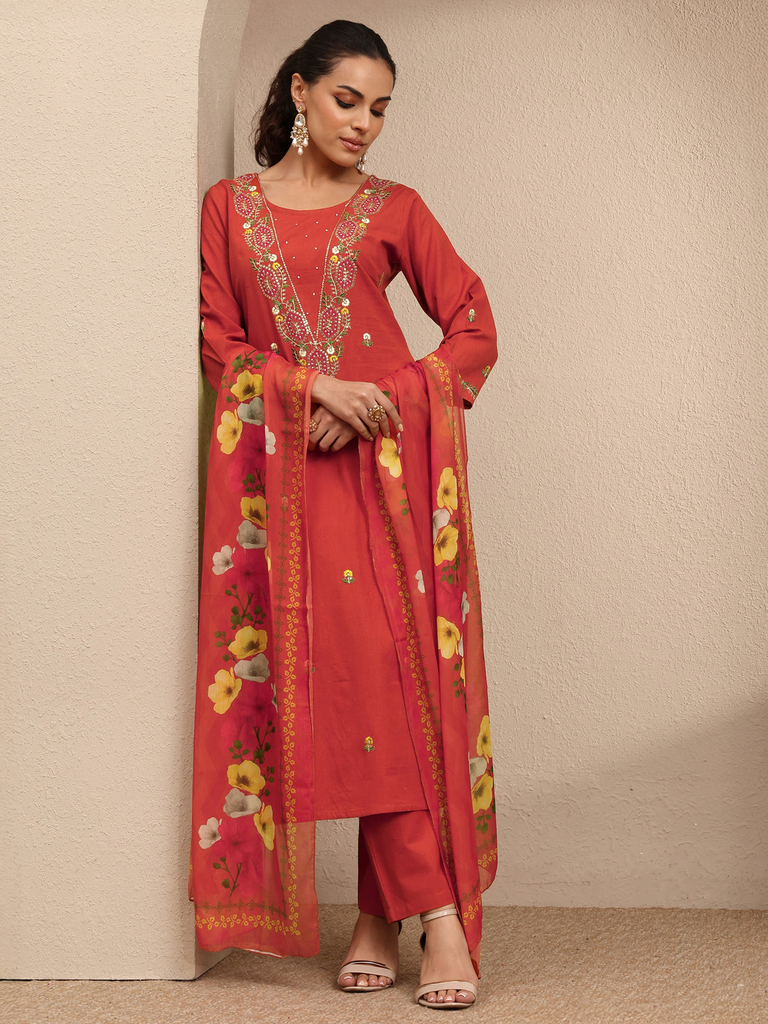 Orange Embroidered Cotton Straight Suit Set With Dupatta