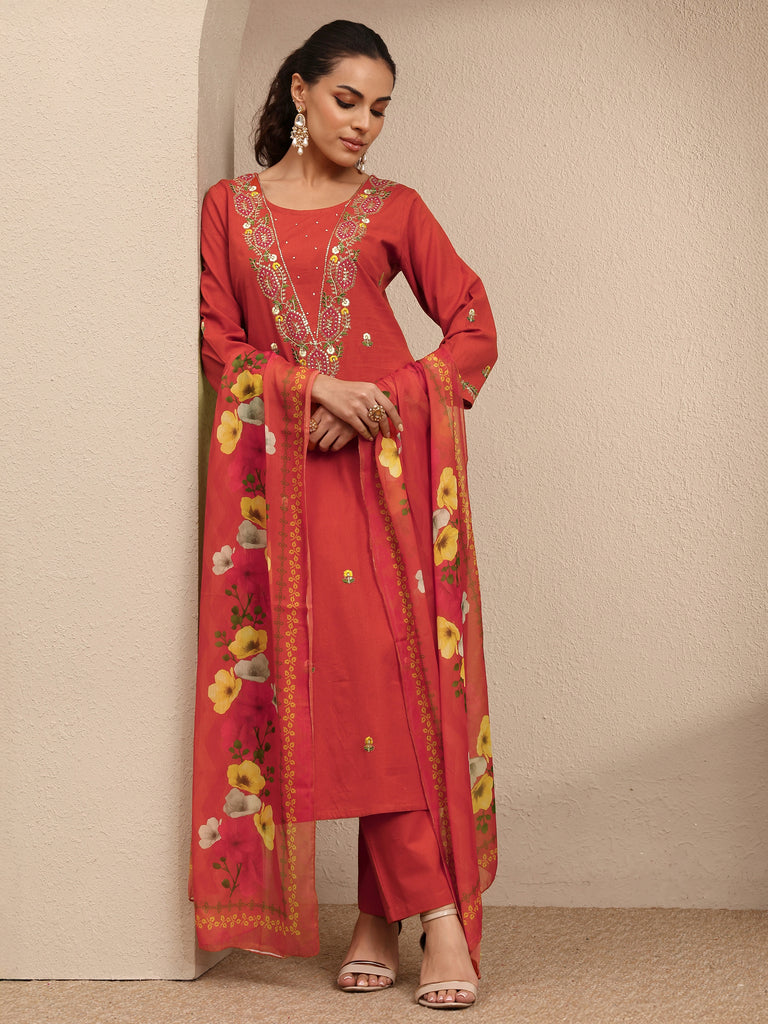 Libas Orange Embroidered Cotton Straight Suit Set With Dupatta