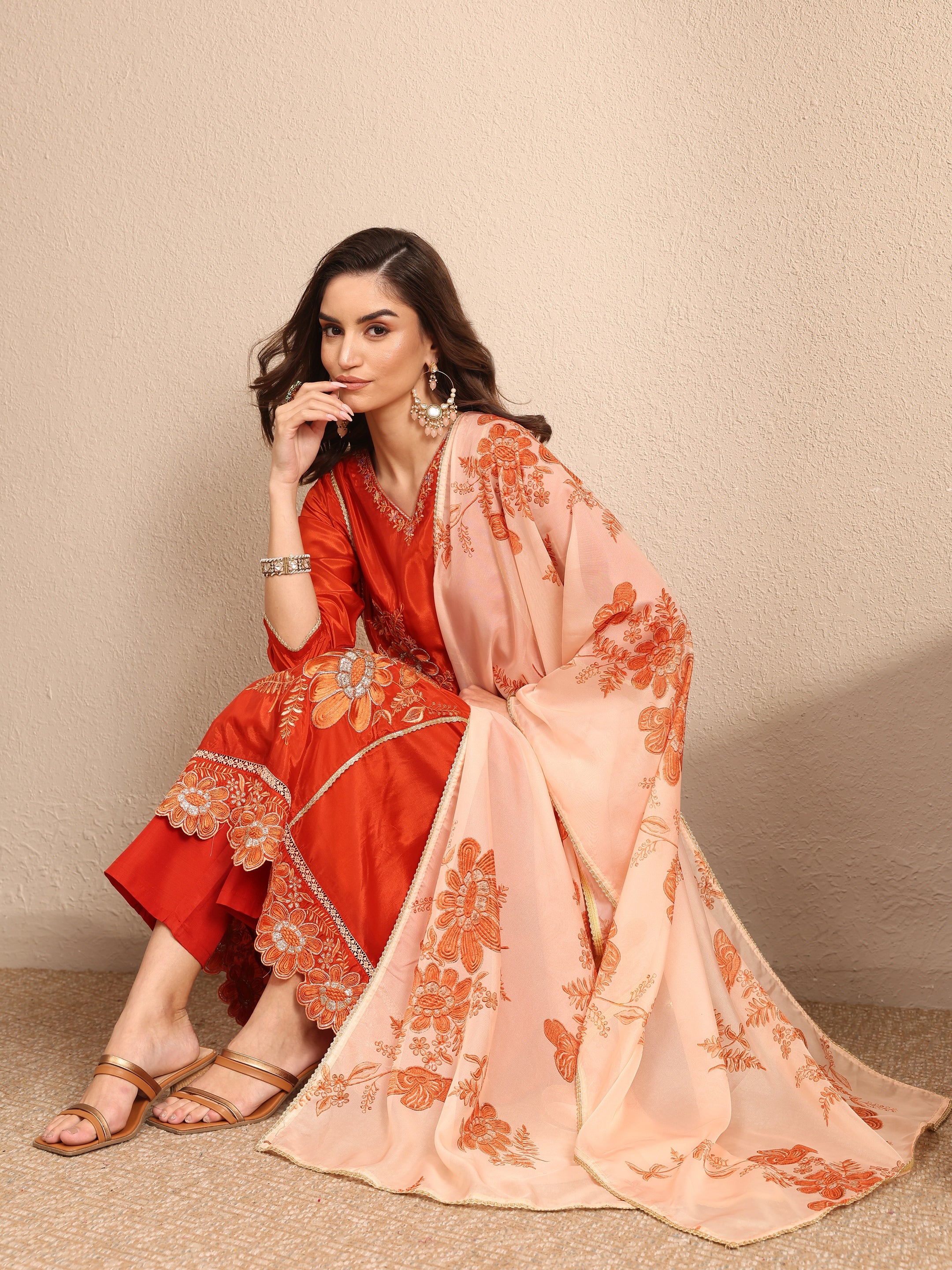 Orange Embroidered Crepe A-line Suit Set With Dupatta-image-27